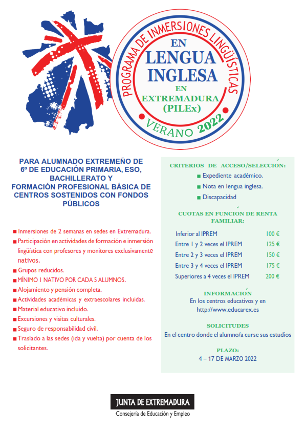 Cartel difusión inmersiones linguisticas alumnado extremeño PILEx 2022 001
