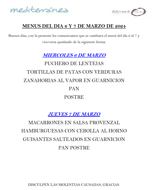 Cambios menú 6 y 7 de marzo